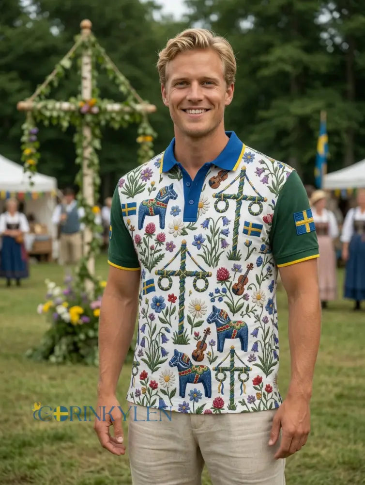 Herrretro svensk midsommarkonsttryck polotröja med korta ärmar