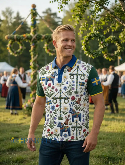 Herrretro svensk midsommarkonsttryck polotröja med korta ärmar