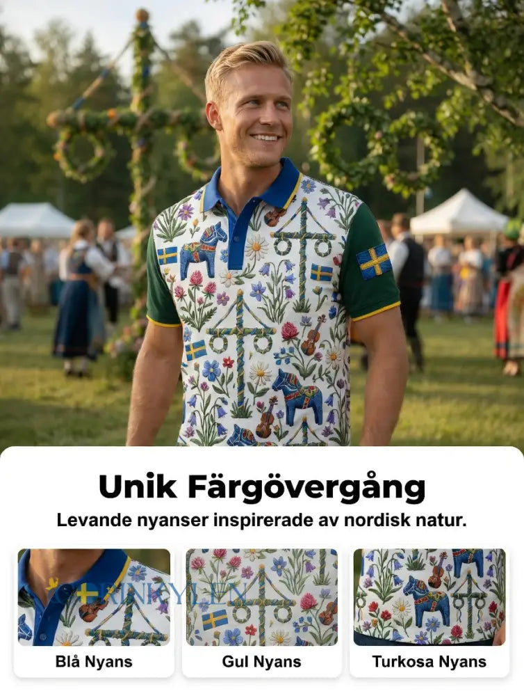 Herrretro svensk midsommarkonsttryck polotröja med korta ärmar