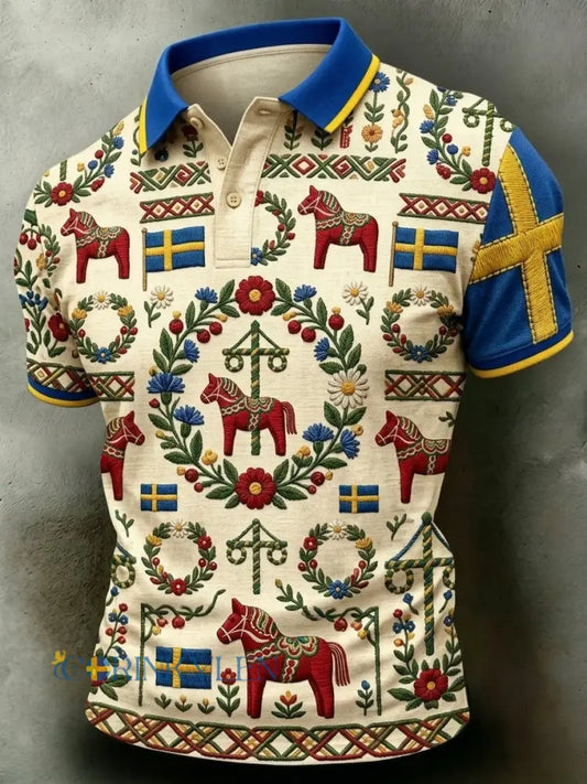 Herrretro svensk midsommarkonsttryck polotröja med korta ärmar - bäie / S