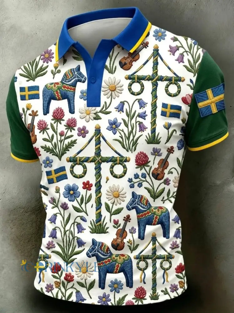 Herrretro svensk midsommarkonsttryck polotröja med korta ärmar - vitt / S