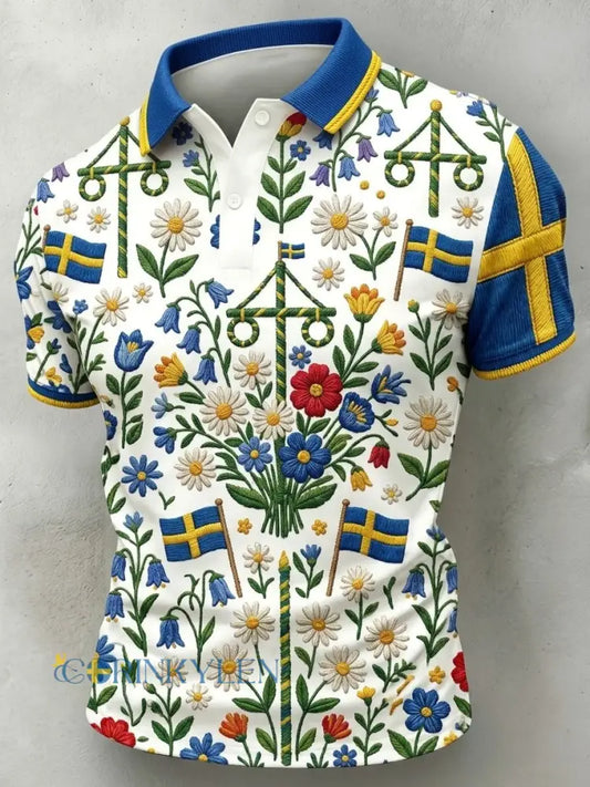 Herrretro svensk midsommarkonsttryck polotröja med korta ärmar - vitt / S