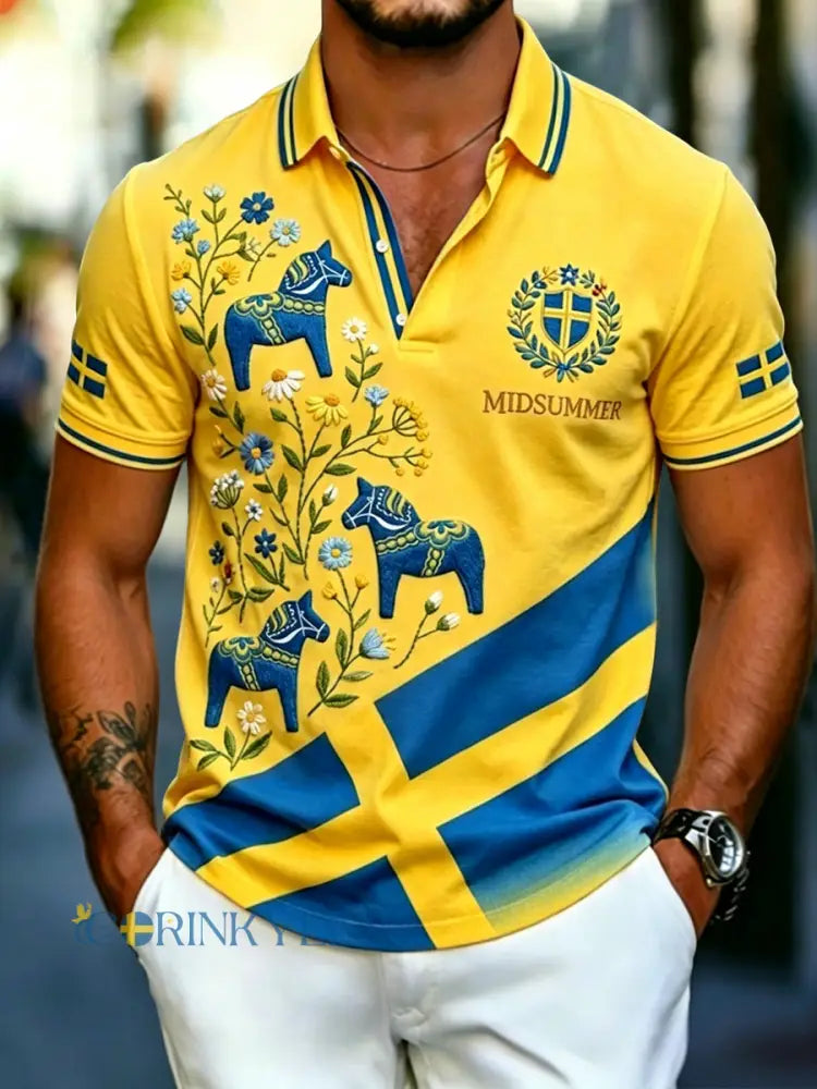 Herrretro svensk midsommarplock fritidspolotröja - flerlog / S