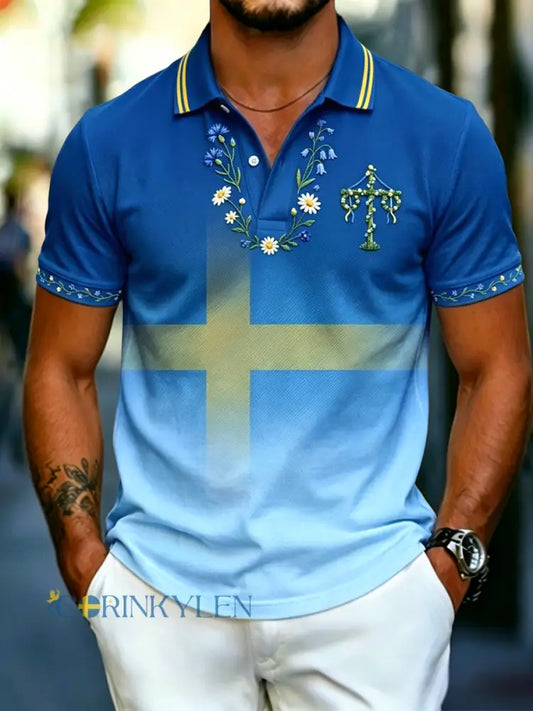 Herrretro svensk midsommarrandig lutande färggradient avslappnad polotröja - flerlog / S