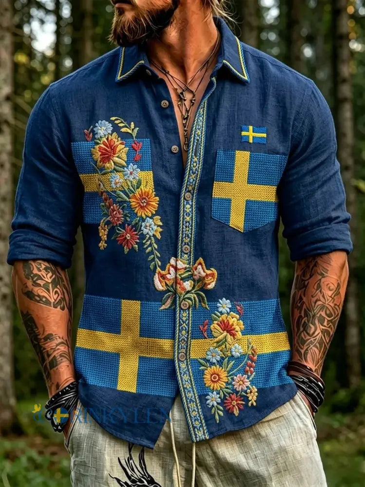 Herrretro svensk nationaldag midsommar folkloristisk blommig långärmad skjorta - blå / S