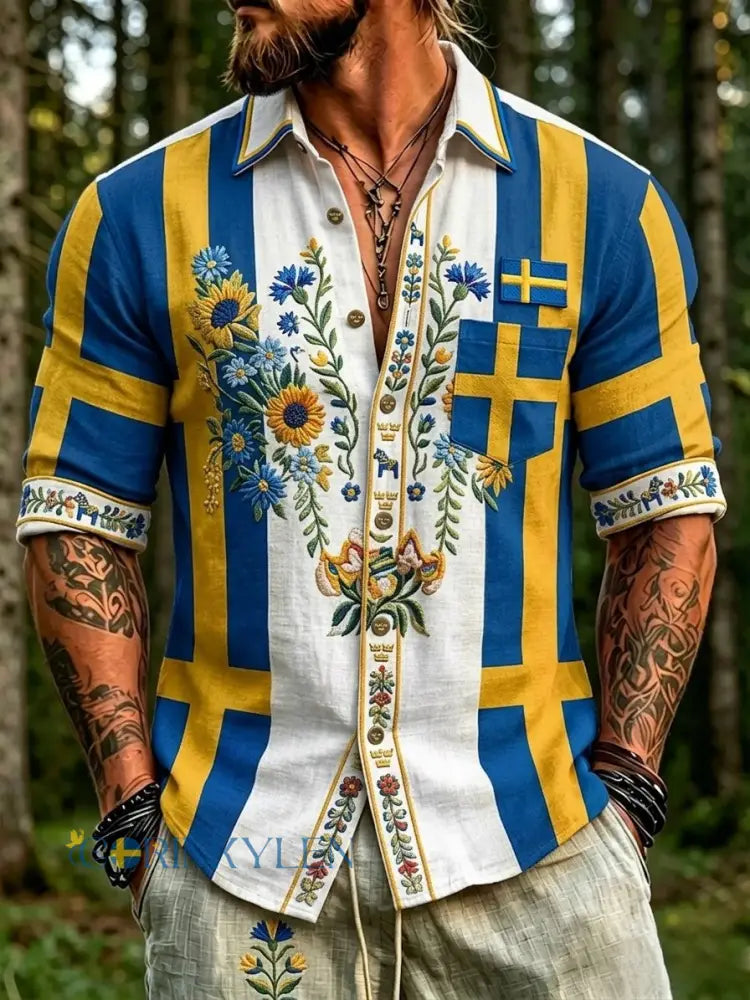 Herrretro svensk nationaldag midsommar folkloristisk blommig långärmad skjorta - blå / S