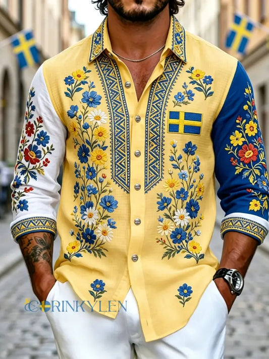Herrretro svensk nationaldag midsommar folkloristisk blommig långärmad skjorta - gul / S