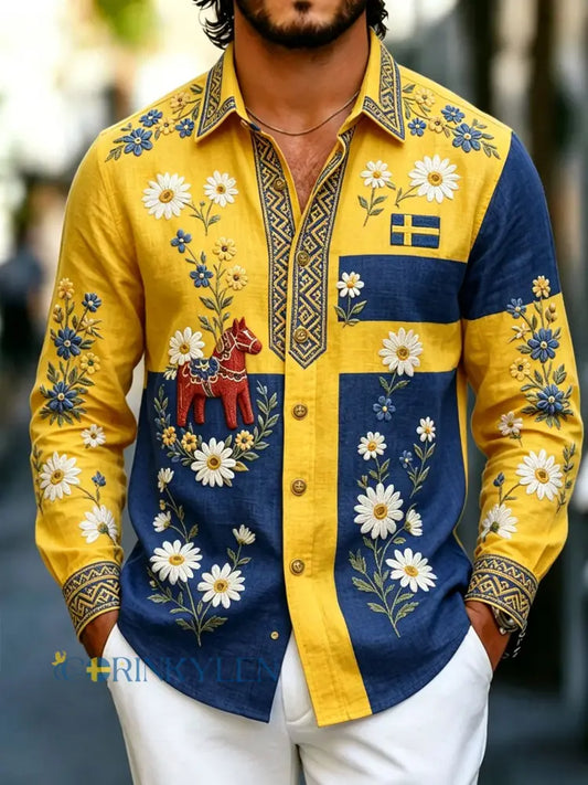 Herrretro svensk nationaldag midsommar folkloristisk blommig skjorta i bomull-linne - blå / S