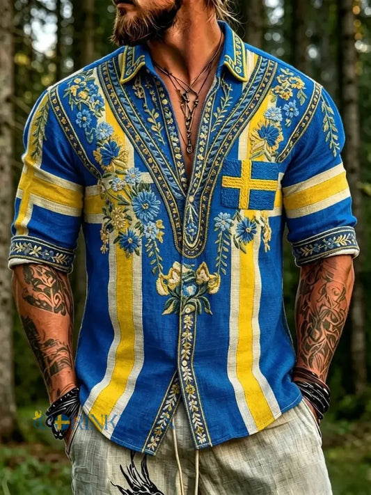 Herrretro svensk nationaldag midsommar folkloristisk blommig skjorta i bomull-linne - blå / S