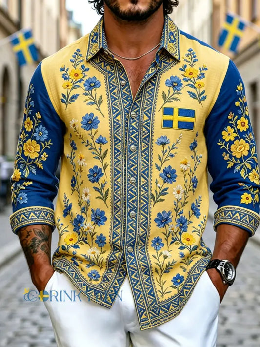 Herrretro svensk nationaldag midsommar folkloristisk blommig skjorta i bomull-linne - gul / S