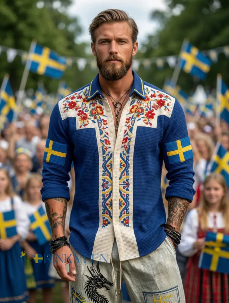 Herrretro svensk nationaldag midsommar folkloristisk blommig vaffelmönstrad långärmad skjorta