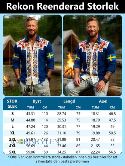 Herrretro svensk nationaldag midsommar folkloristisk blommig vaffelmönstrad långärmad skjorta
