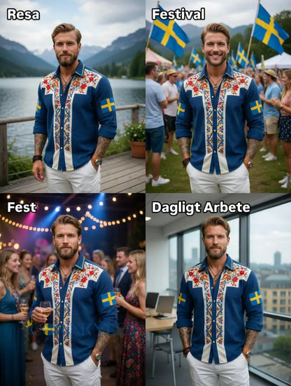 Herrretro svensk nationaldag midsommar folkloristisk blommig vaffelmönstrad långärmad skjorta