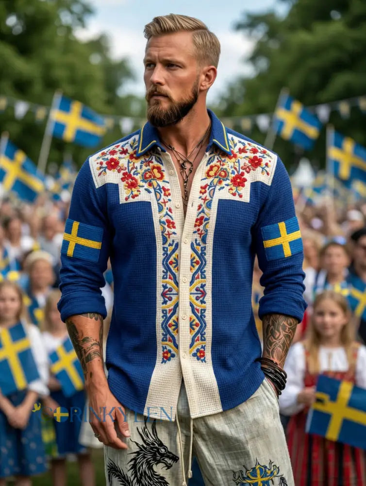 Herrretro svensk nationaldag midsommar folkloristisk blommig vaffelmönstrad långärmad skjorta