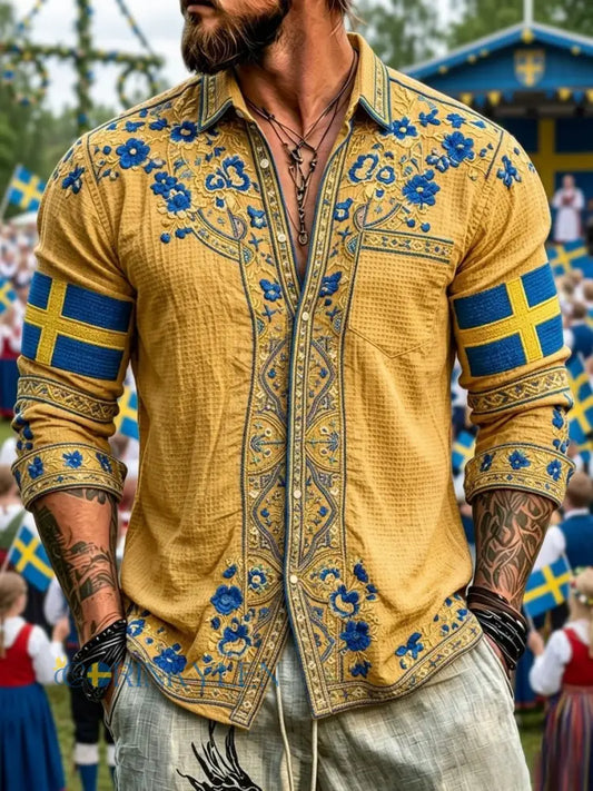 Herrretro svensk nationaldag midsommar folkloristisk blommig vaffelmönstrad långärmad skjorta - gul / S