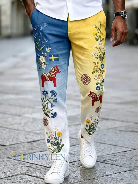 Herrretro svenska midsommarbroderade fritidshusbyxor - flerlog / S