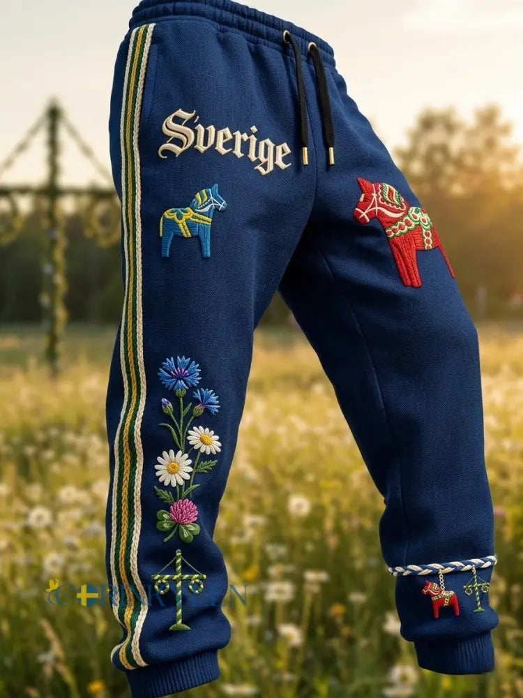 Herrretro svenska midsommarfolkblommiga fritidshusor - blå / S
