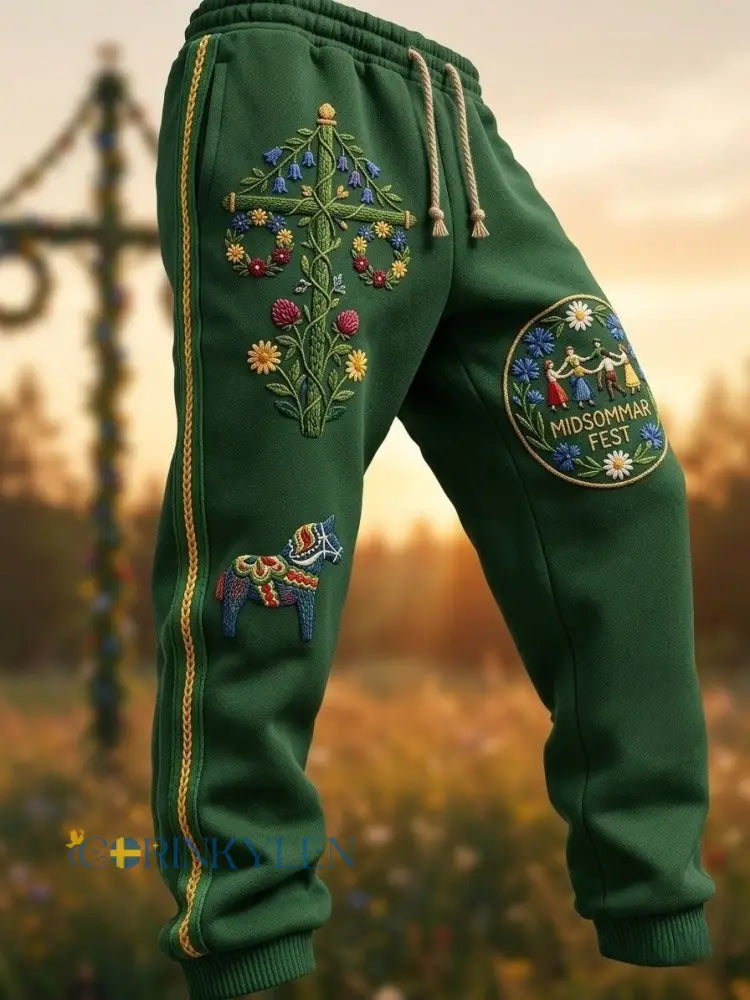 Herrretro svenska midsommarfolkblommiga fritidshusor - grönt / S