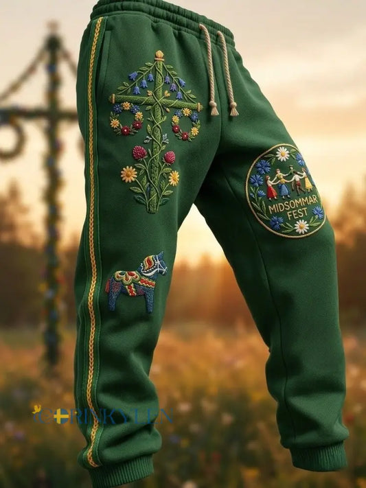 Herrretro svenska midsommarfolkblommiga fritidshusor - grönt / S