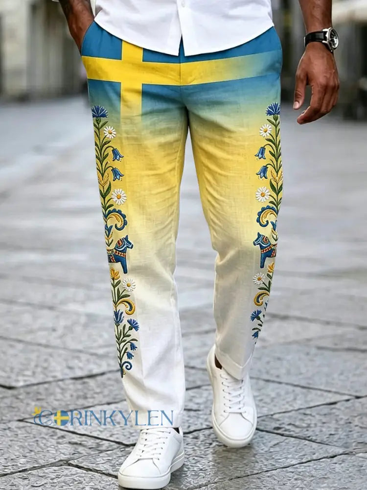 Herrretro svenska midsommargraderade fritidshängselbyxor - flerlog / S