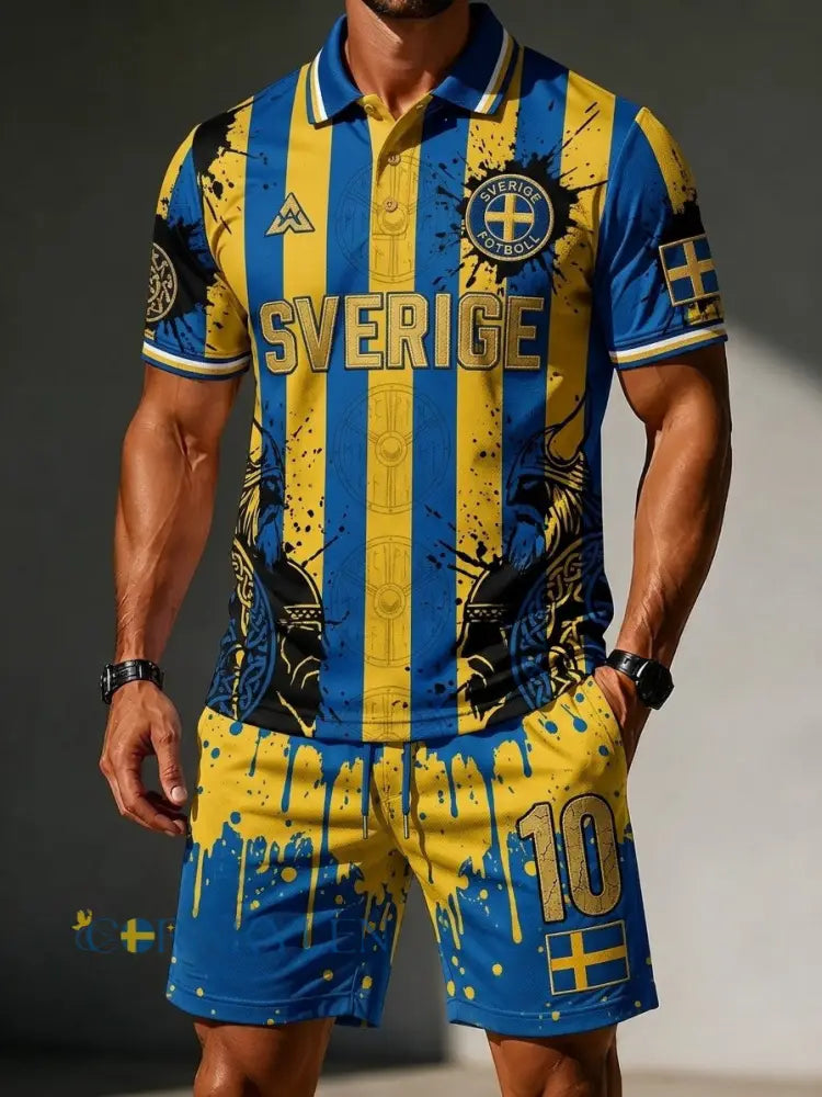 Herrretro Sverige fotbollsläkare 2026 tryckt avslappnat polotröja- och shortsset - blå / S