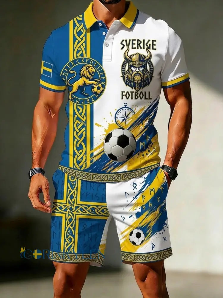 Herrretro Sverige fotbollsläkare 2026 tryckt avslappnat polotröja- och shortsset - blå / S