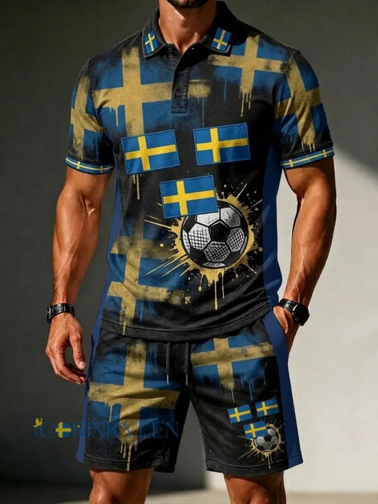 Herrretro Sverige fotbollsläkare 2026 tryckt avslappnat polotröja- och shortsset - svart / S