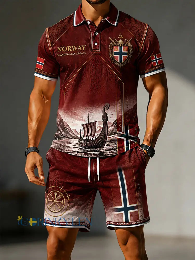 Herrset i retro-nordisk stil bestående av två delar: Casual polotröja och shorts med norsk konstprint - A / S