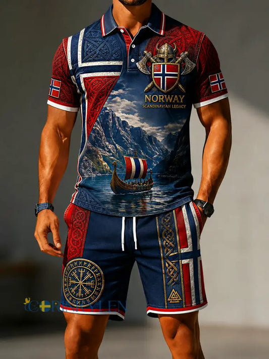 Herrset i retro-nordisk stil bestående av två delar: Casual polotröja och shorts med norsk konstprint - A / S