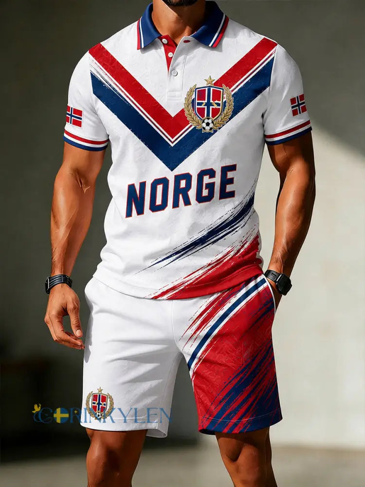 Herrset i retrostil med nordiskt utseende – norsk fotbollssupporter avslappnad tvådelad tröjset med konstnärlig