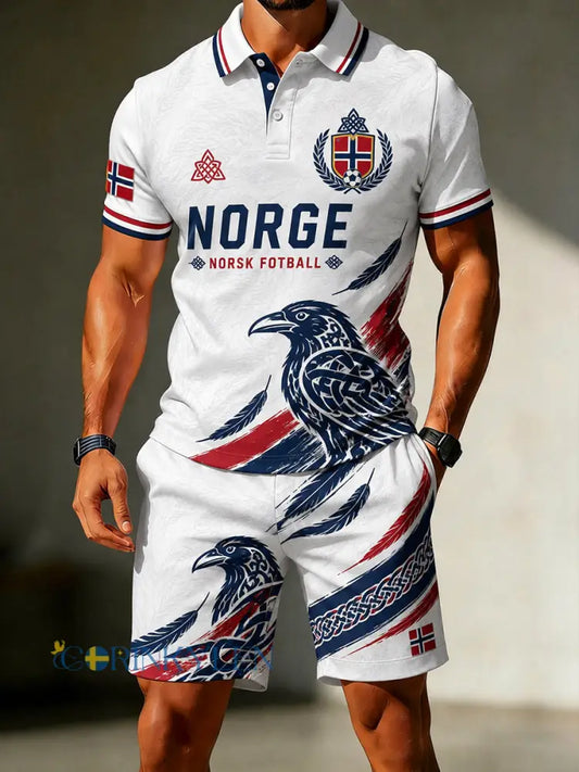 Herrset i retrostil med nordiskt utseende – norsk fotbollssupporter avslappnad tvådelad tröjset med konstnärlig