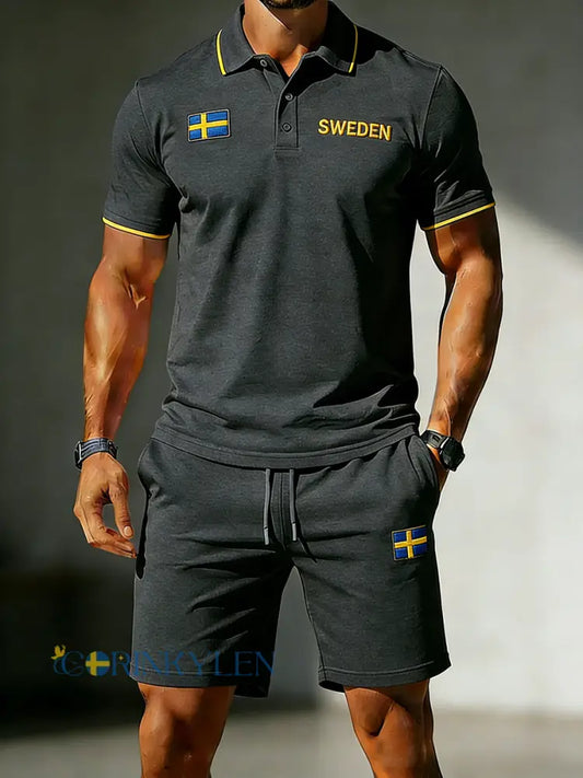 Herrset med kortärmad polo och shorts med broderade blommotiv - A / S