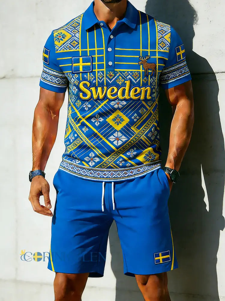 Herrset med kortärmad polo och shorts med brodyr och kontrastdetaljer - A / S