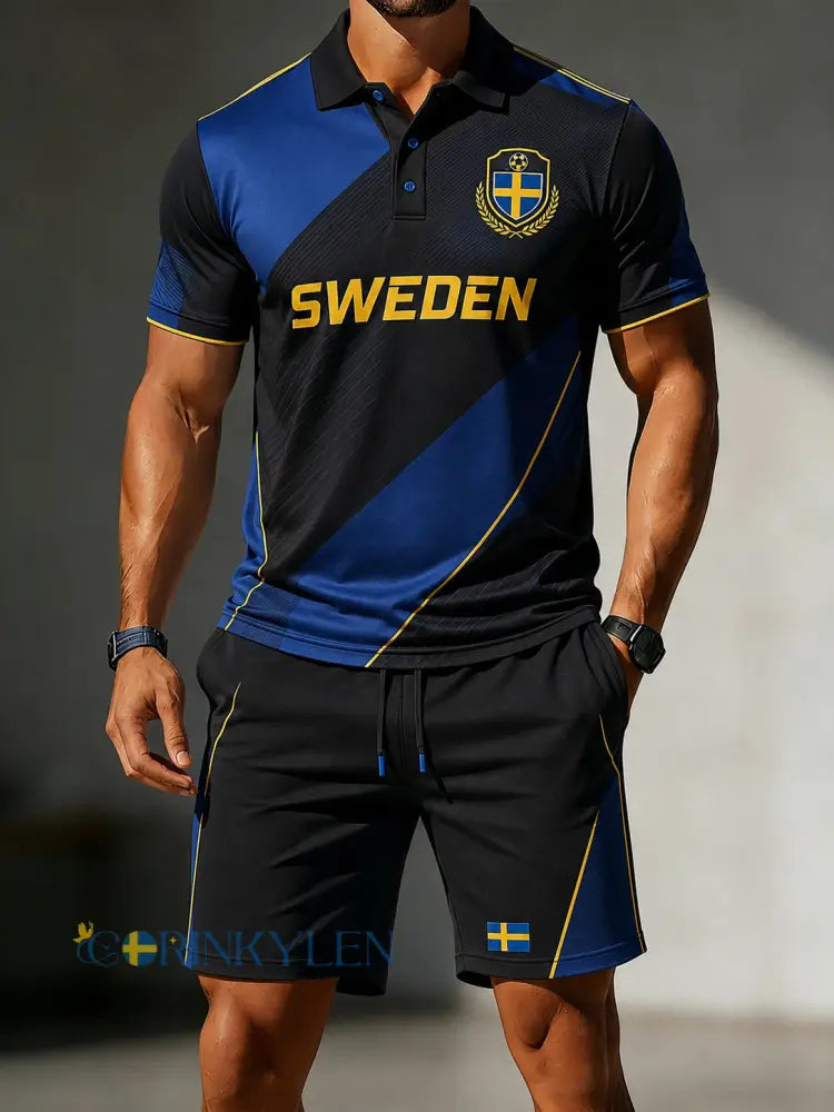 Herrset med polo och korta byxor med fotbollsmotiv - A / S