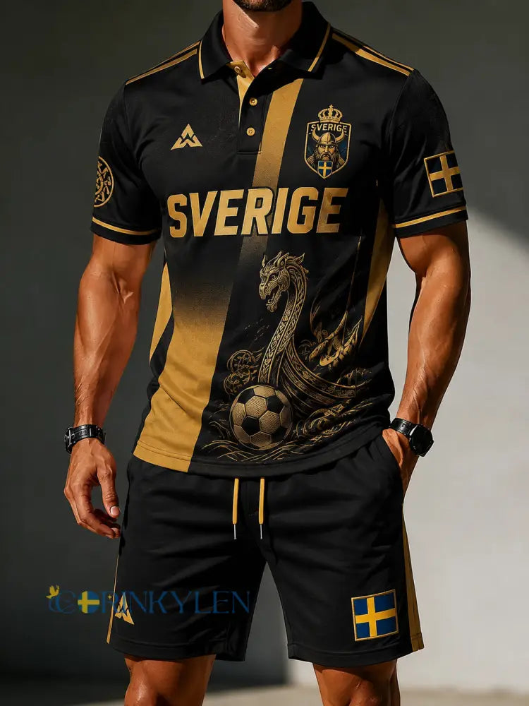 Herrset med polo och korta byxor med fotbollsmotiv - A / S