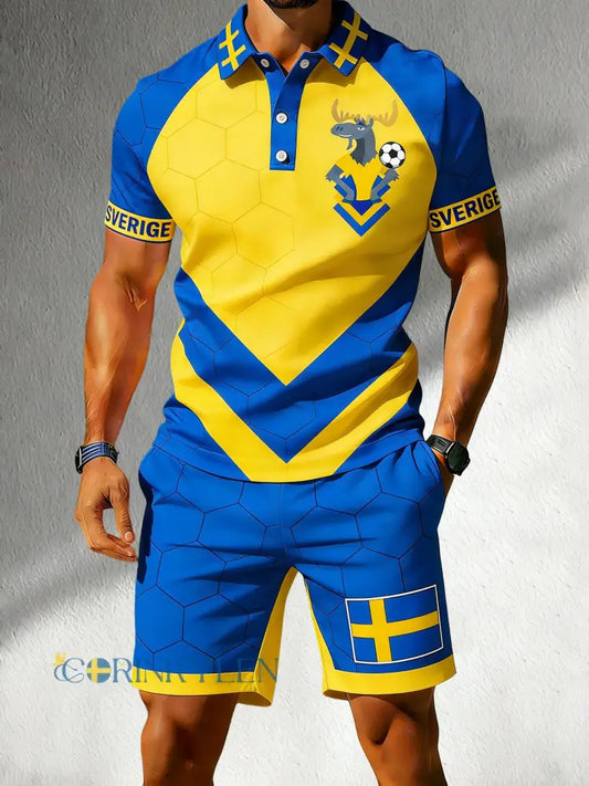 Herrset med polotröja och shorts för svensk fotbollsmatch tilljubande - A / S