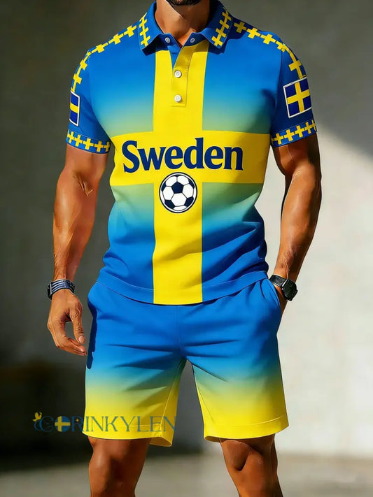 Herrset med polotröja och shorts för svensk fotbollsmatch tilljubande - A / S