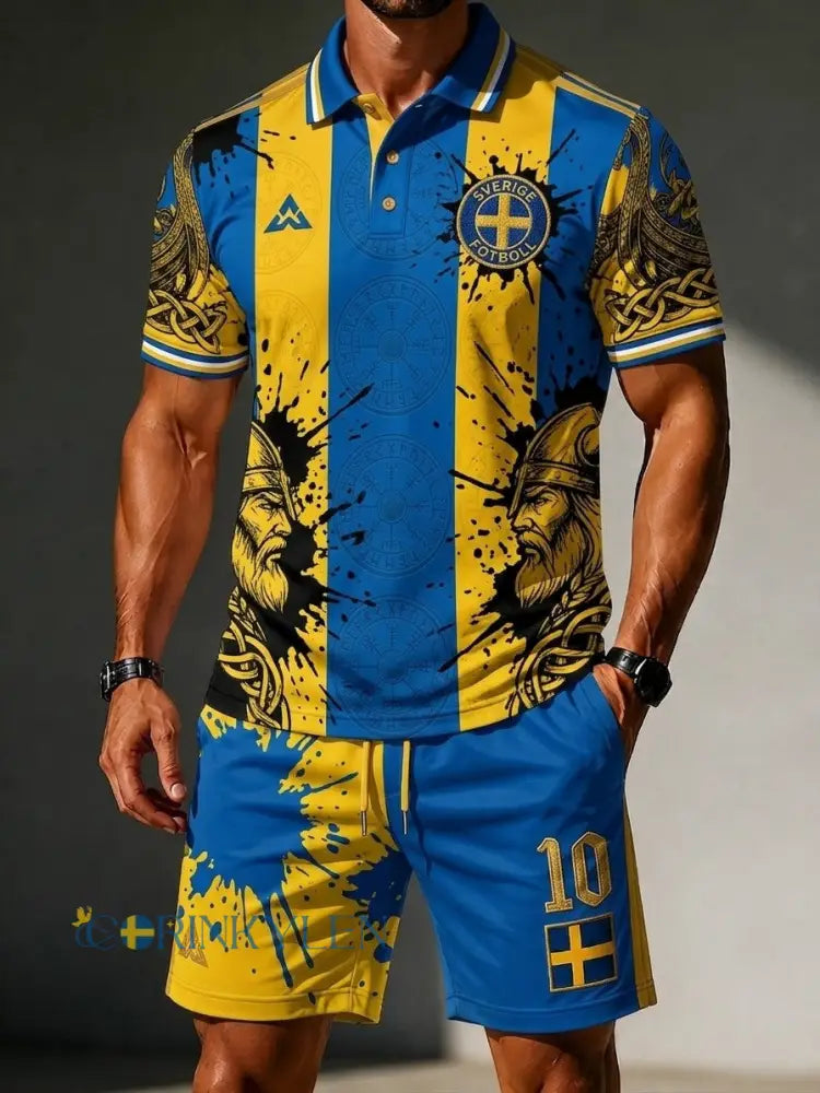 Herrset med retrodesign: svensk fotbollsentusiast 2026 – tryckt polo och shorts för vardagsbruk - blå / S