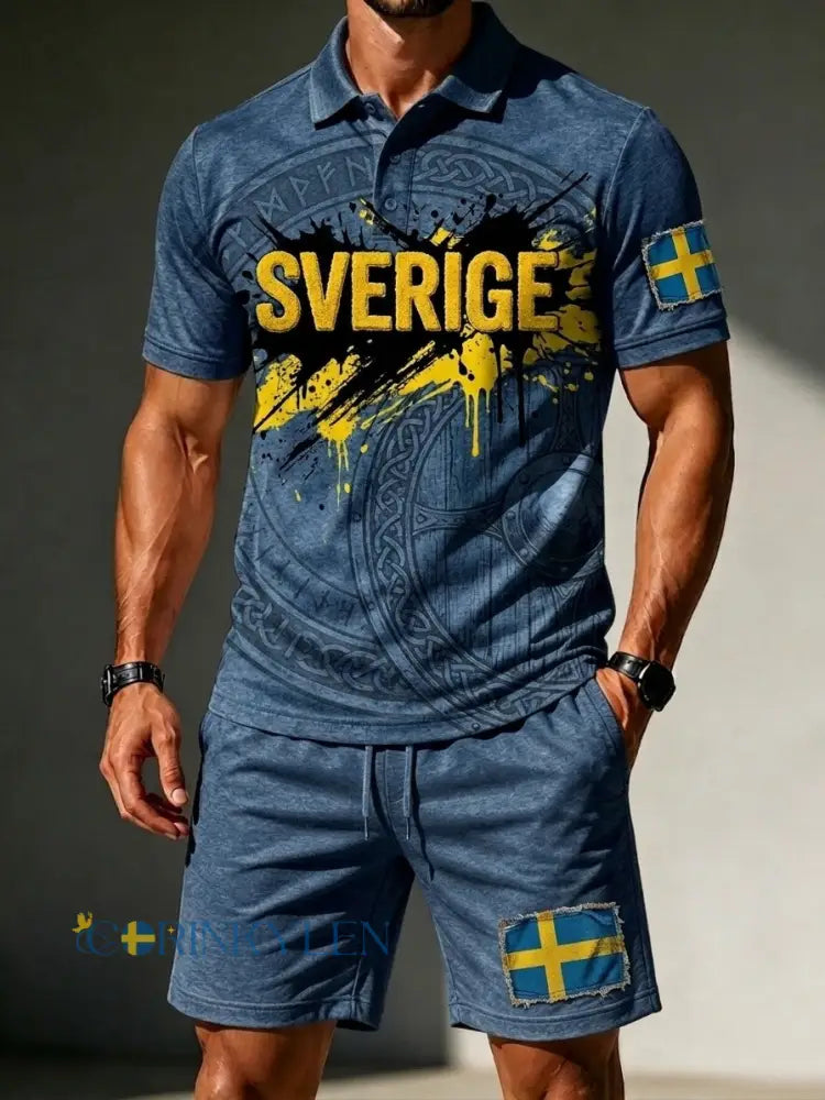 Herrset med retrodesign: svensk fotbollsentusiast 2026 – tryckt polo och shorts för vardagsbruk - blå / S