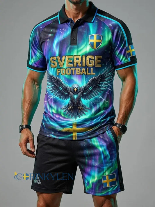 Herrset med retrodesign: svensk fotbollsentusiast 2026 – tryckt polo och shorts för vardagsbruk - blå / S
