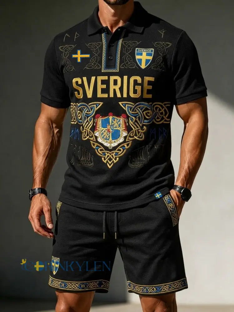 Herrset med retrostil: svensk fotbollsentusiast 2026 – tryckt polo och shorts för vardagsbruk - svart / S