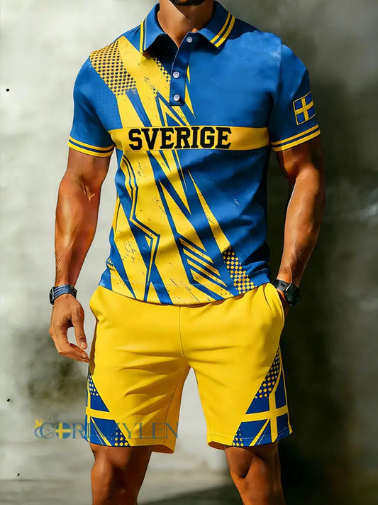 Herrset med sportig polotröja och shorts i färgblock med korta ärmar - A / S
