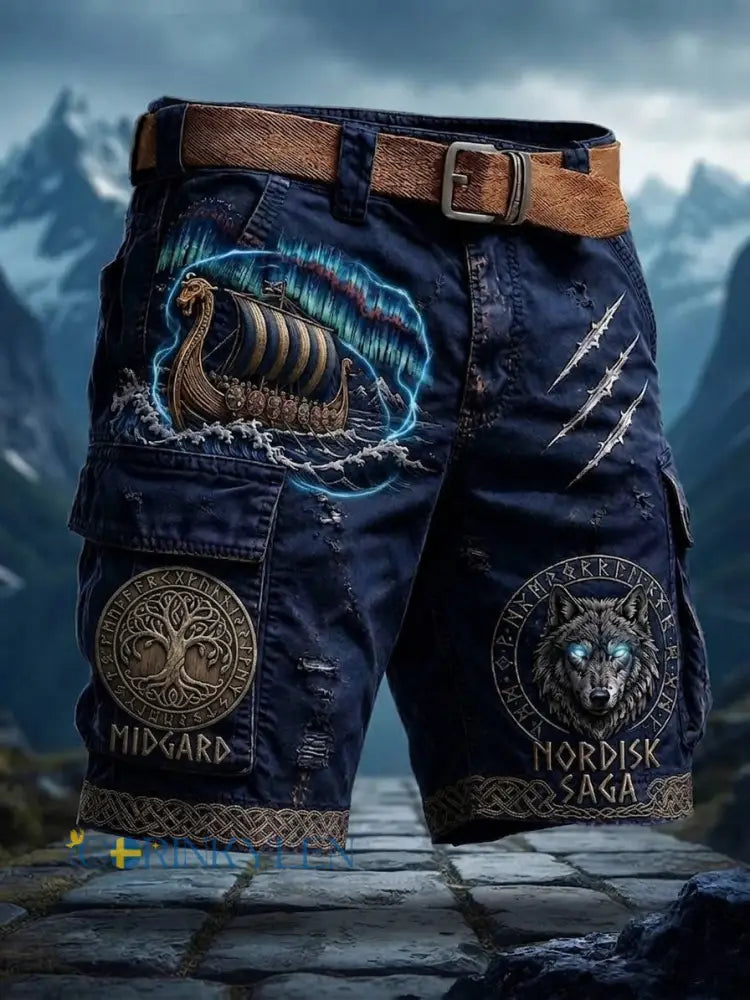 Herrshorts i retrostil med svensk vikingamotiv och stora fickor - blå / S