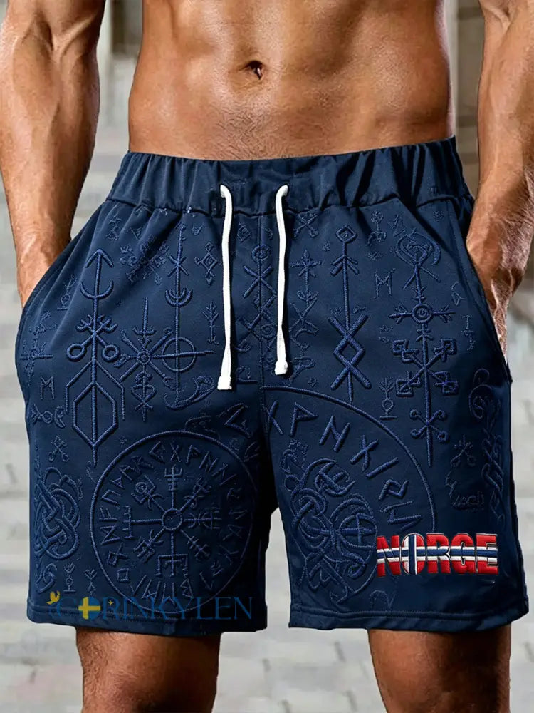 Herrshorts med retrotryck i norsk vikingmotiv - djupblåa / S