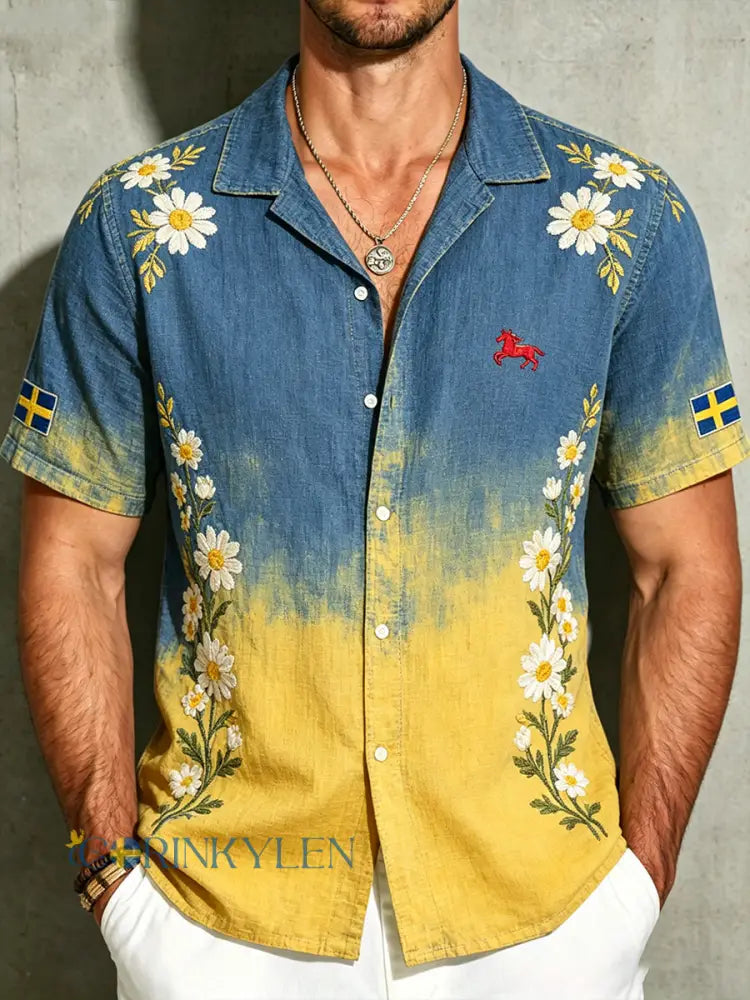 Herrskjorta för vardagsbruk med korta ärmar och blommig gradientprint - A / S