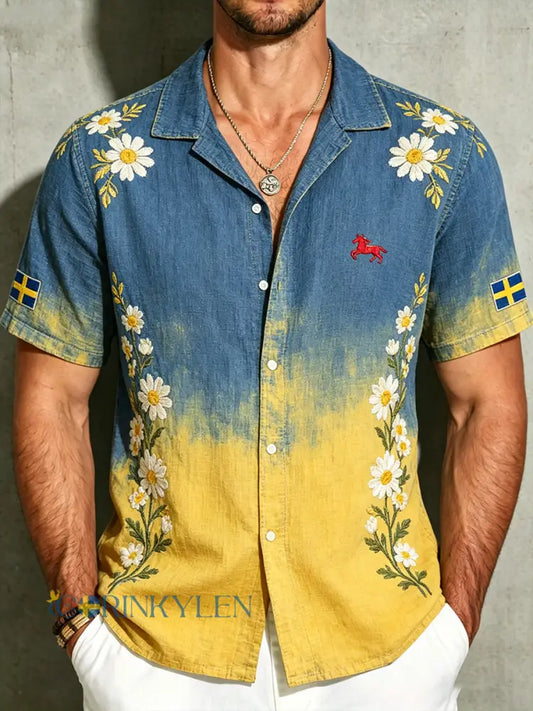 Herrskjorta för vardagsbruk med korta ärmar och blommig gradientprint - A / S