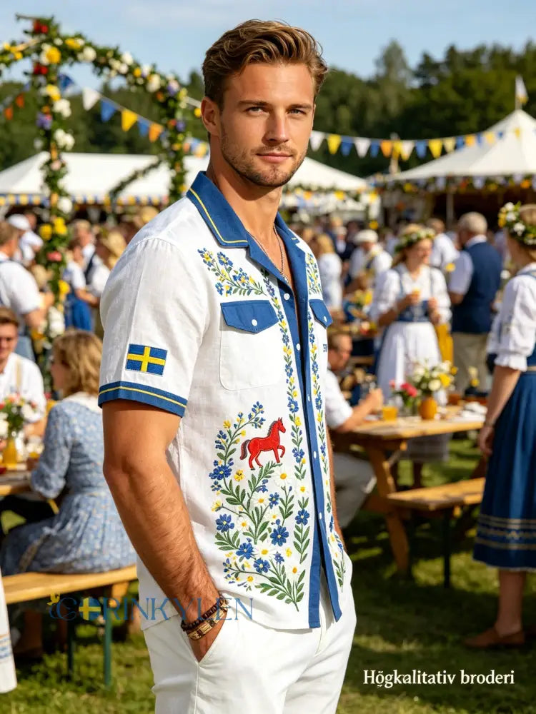 Herrskjorta i bomull-linne med midsommarblommönster