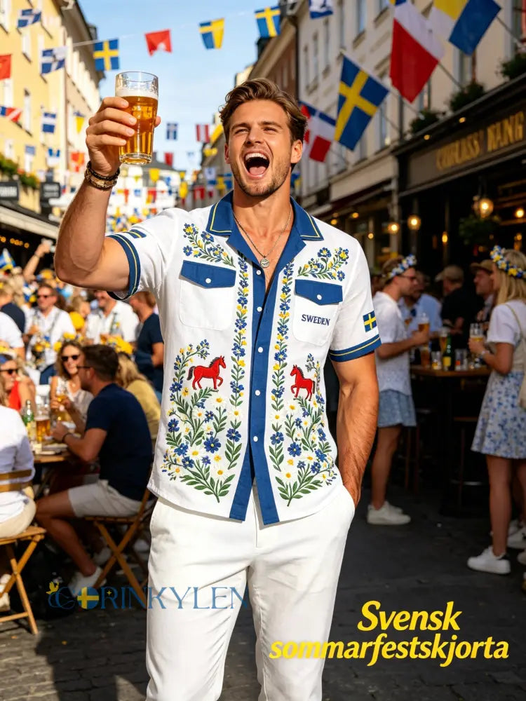 Herrskjorta i bomull-linne med midsommarblommönster