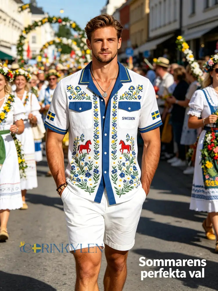 Herrskjorta i bomull-linne med midsommarblommönster