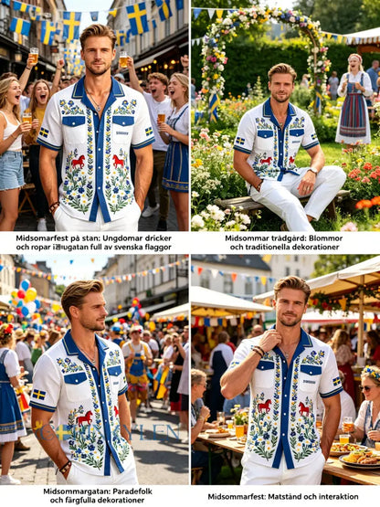 Herrskjorta i bomull-linne med midsommarblommönster